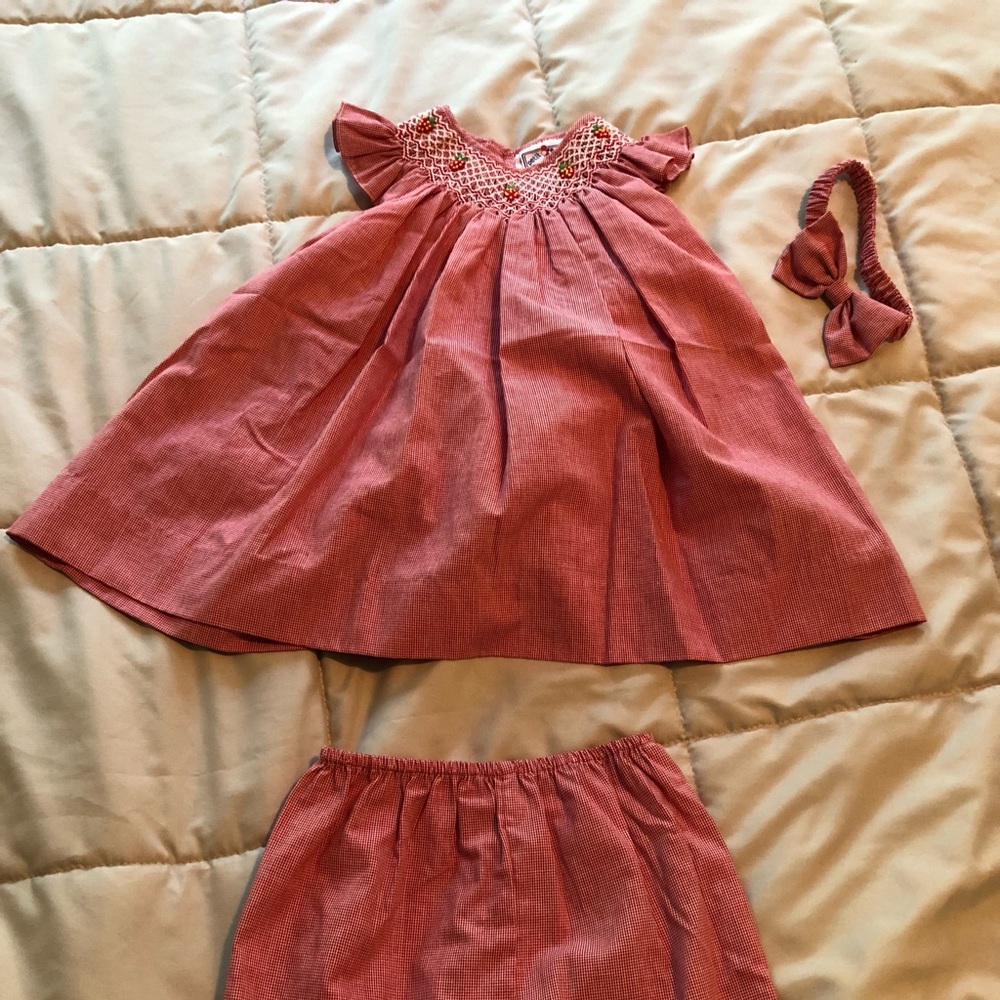 3 piece strawberry smocked outfit